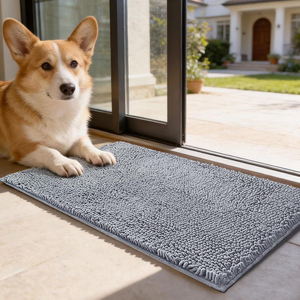 Absorbent Chenille Dog Door Mat, Non-Slip Quick Dry Pet Entry Rug